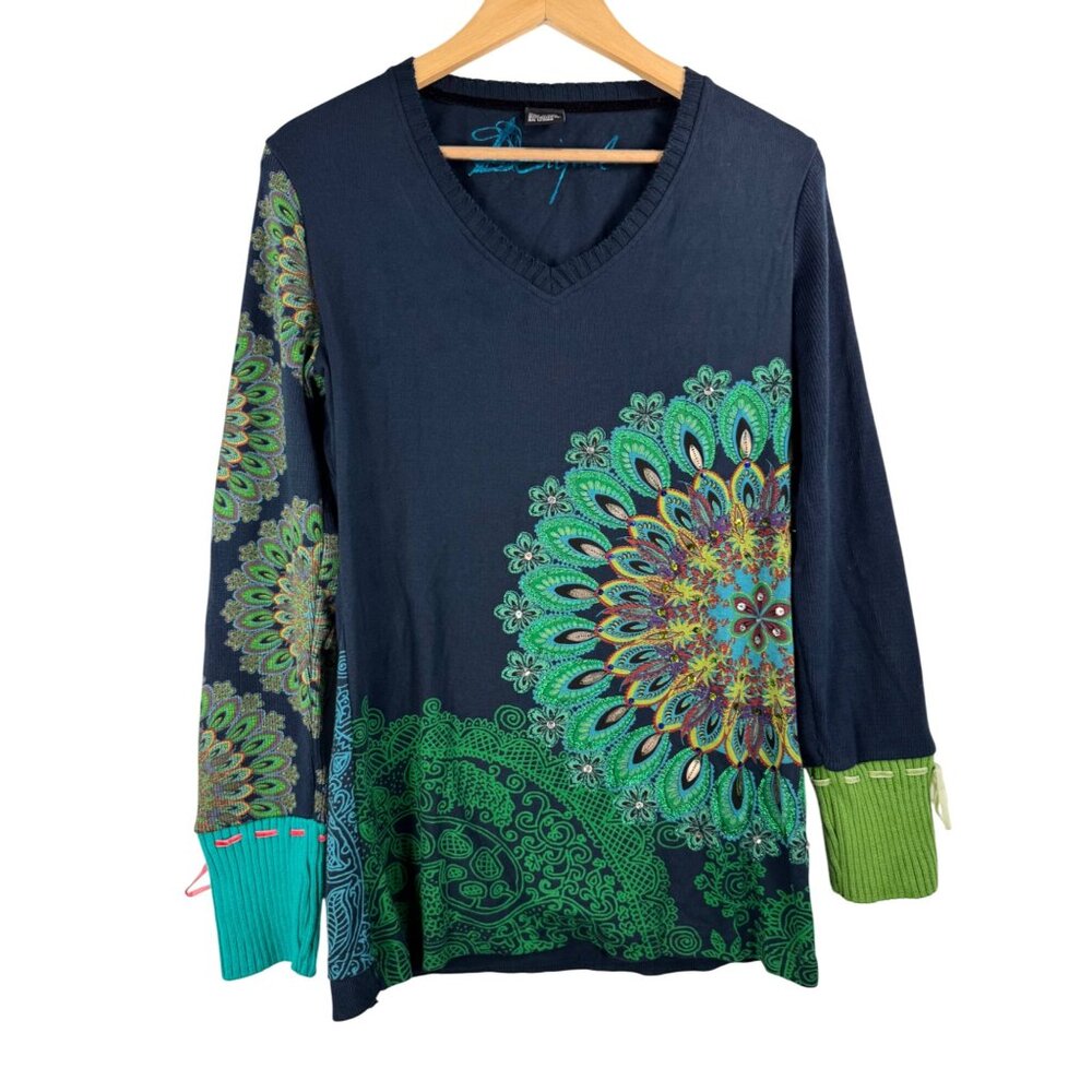 Desigual sequin glitter embroidered ribbon long sleeve shirt navy Y2K - Picture 2 of 8